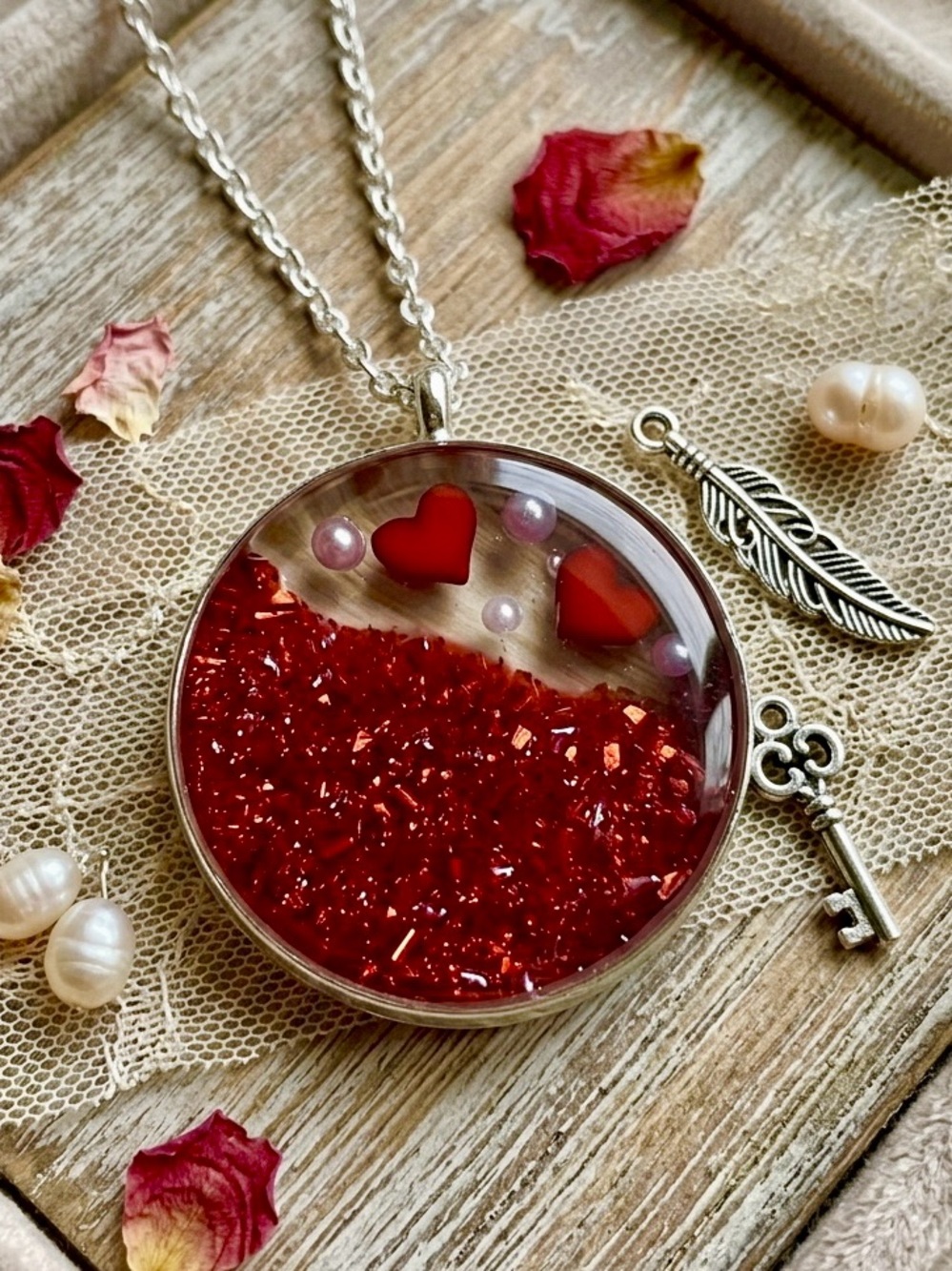 Crystal Red Heart Pendant Necklace with Pearlescent Accents